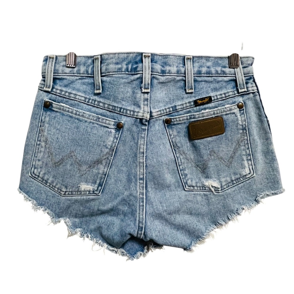 Wrangler Denim Shorts Womens 28 Blue Distressed Frayed Cut Off High Waisted Boho - Picture 9 of 9